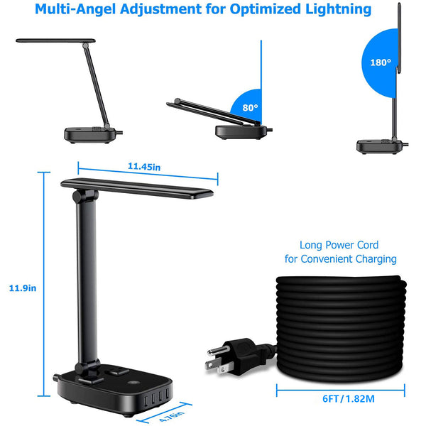 LED Desk Lamp, Desk Lamp with USB Charging Port and AC Outlet, 3 Brightness Desk Light with Touch Control, Eye-Caring Study Lamp for Desk, Office Lamp for Work, Foldable Desk Lamps for Home Office