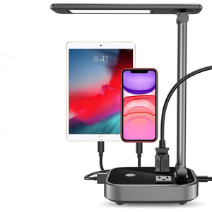 LED Desk Lamp, Desk Lamp with USB Charging Port and AC Outlet, 3 Brightness Desk Light with Touch Control, Eye-Caring Study Lamp for Desk, Office Lamp for Work, Foldable Desk Lamps for Home Office