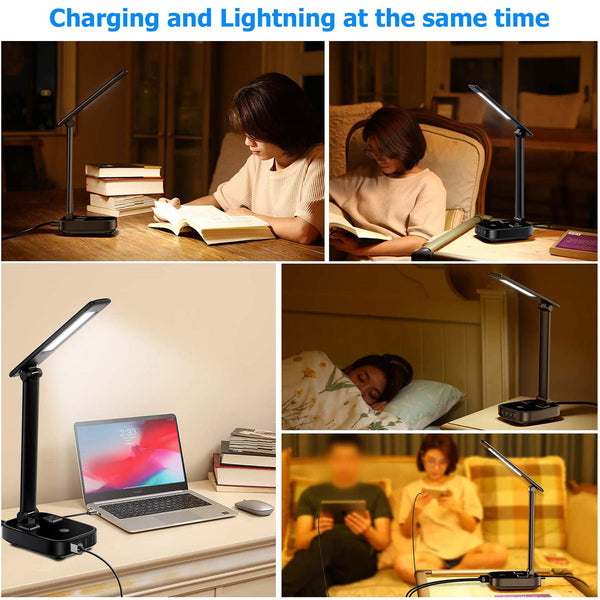 LED Desk Lamp, Desk Lamp with USB Charging Port and AC Outlet, 3 Brightness Desk Light with Touch Control, Eye-Caring Study Lamp for Desk, Office Lamp for Work, Foldable Desk Lamps for Home Office